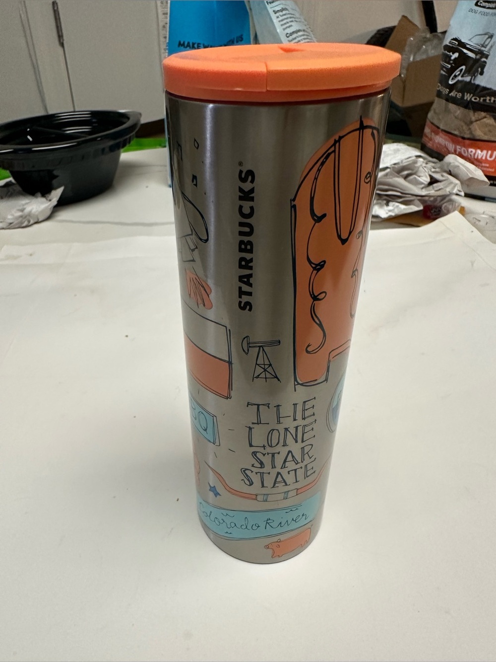 Starbucks Stainless Steel Tumbler with Orange Accents and Texas Artwork